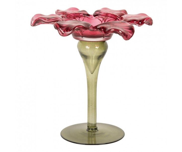 Zeleno-růžový skleněný svícen květina Colorful Garden - Ø 14*14 cm Clayre & Eef