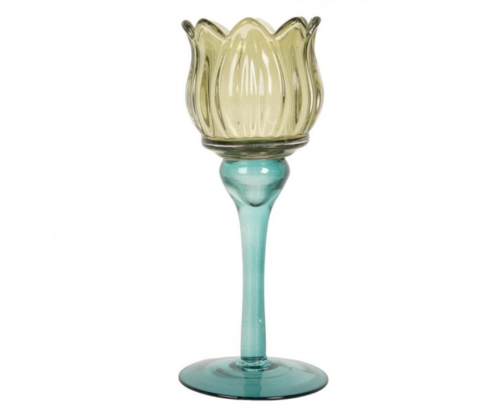 Tyrkysovo-zelený skleněný svícen tulipán Colorful Garden - Ø 7*19 cm Clayre & Eef