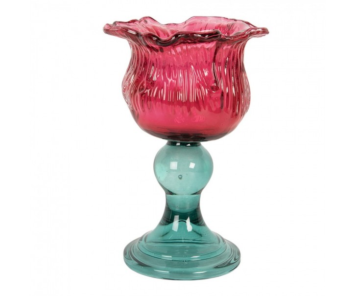 Tyrkysovo-růžový skleněný svícen tulipán Colorful Garden - Ø 10*16 cm Clayre & Eef