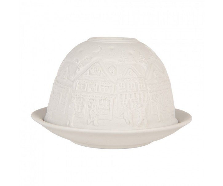 Bílý porcelánový svícen na čajovou svíčku s domky Paollo - Ø 12*8 cm Clayre & Eef