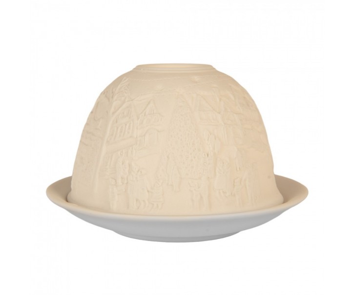 Bílý porcelánový svícen na čajovou svíčku s domky Paollo - Ø 12*8 cm Clayre & Eef