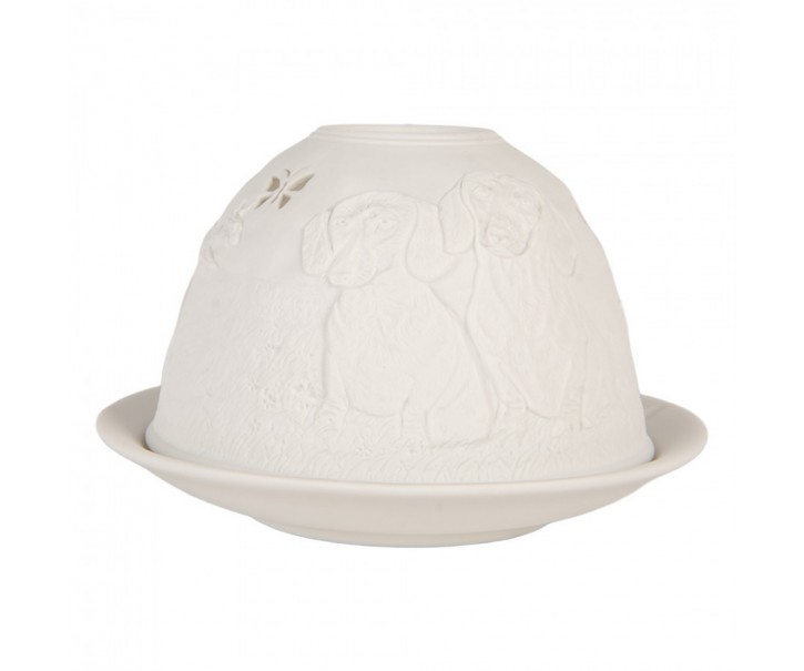 Bílý porcelánový svícen s jezevčíky Paollo - Ø 12*8 cm Clayre & Eef