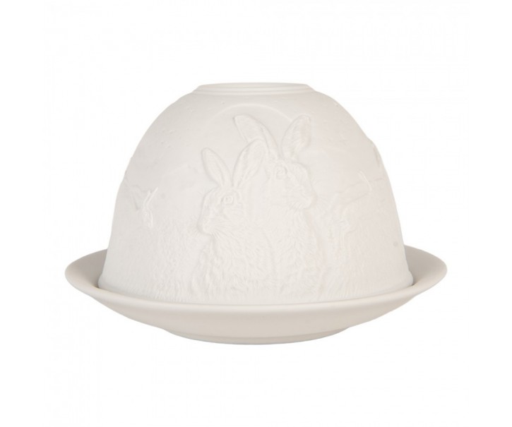 Bílý porcelánový svícen s králíky Paollo - Ø 12*8 cm Clayre & Eef