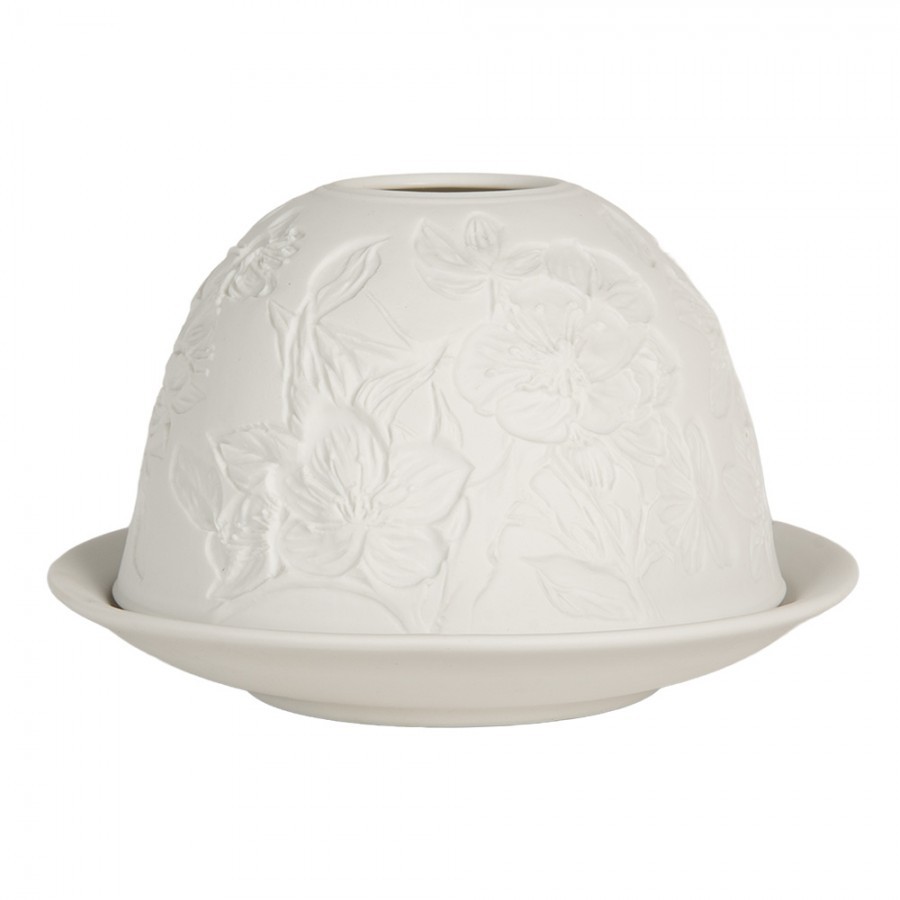Bílý porcelánový svícen na čajovou svíčku s květy Paollo - Ø 12*8 cm