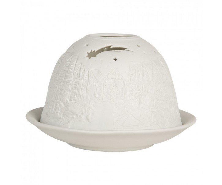 Bílý porcelánový svícen na čajovou svíčku s domky Paollo - Ø 12*8 cm Clayre & Eef