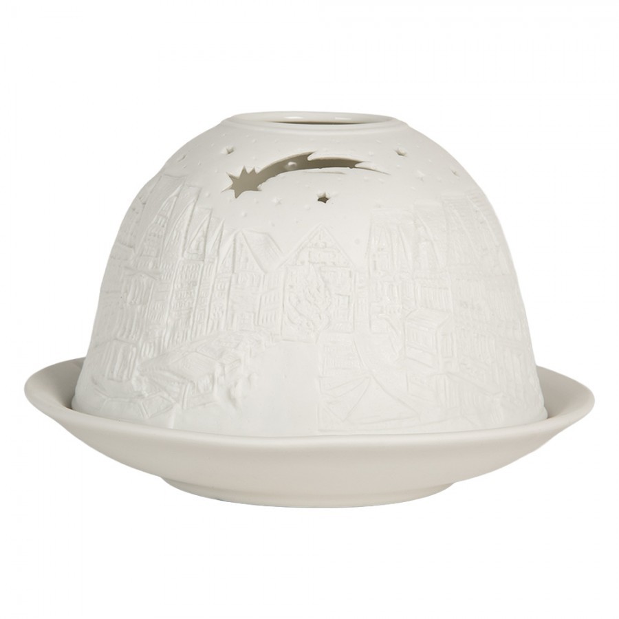 Bílý porcelánový svícen na čajovou svíčku s domky Paollo - Ø 12*8 cm