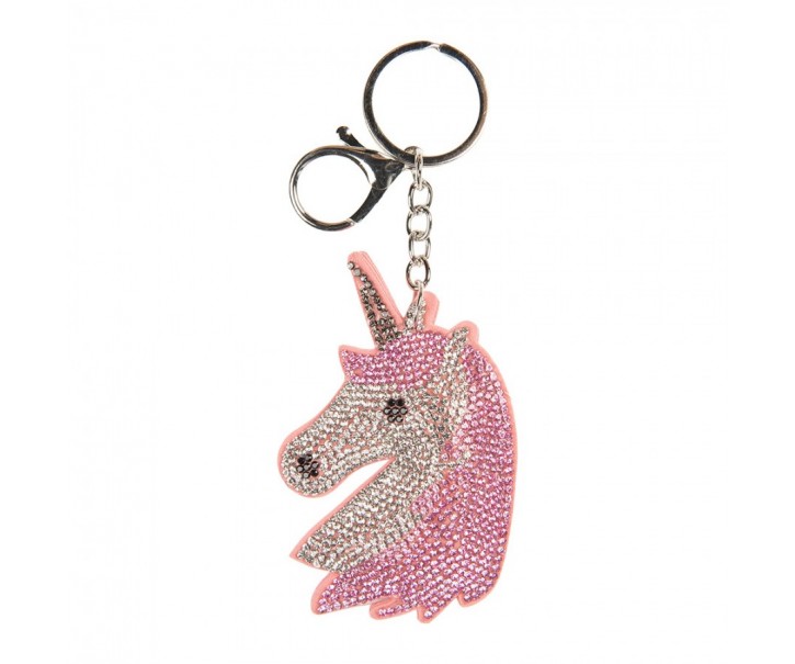 Růžová klíčenka s hlavou jednorožce Unicorn s kamínky - 6*2*14 cm Clayre & Eef