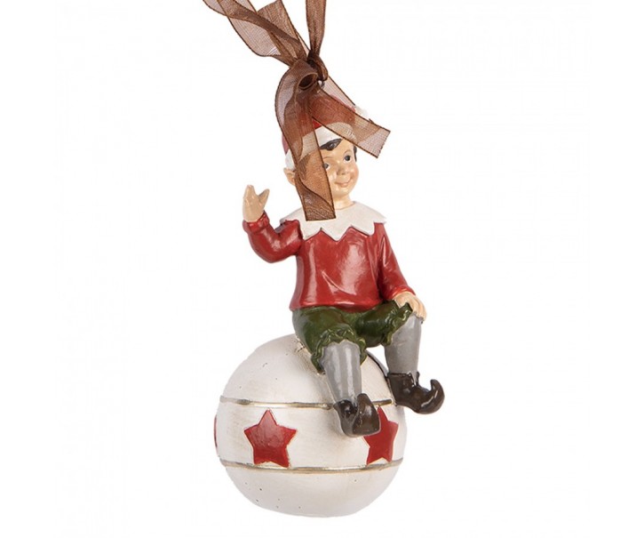 Závěsná vánoční dekorace sedící Elf na kouli - 5*5*10 cm Clayre & Eef