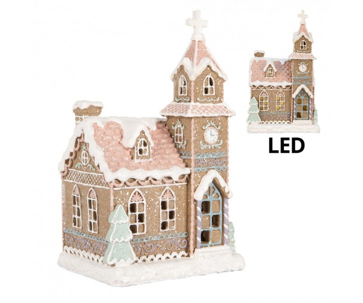 Vánoční perníková dekorace kostel Gingerbread House Led - 14*12*23 cm Clayre & Eef