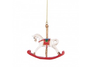 Bílo-červená závěsná dekorace houpací koník - 8*2*7 cm