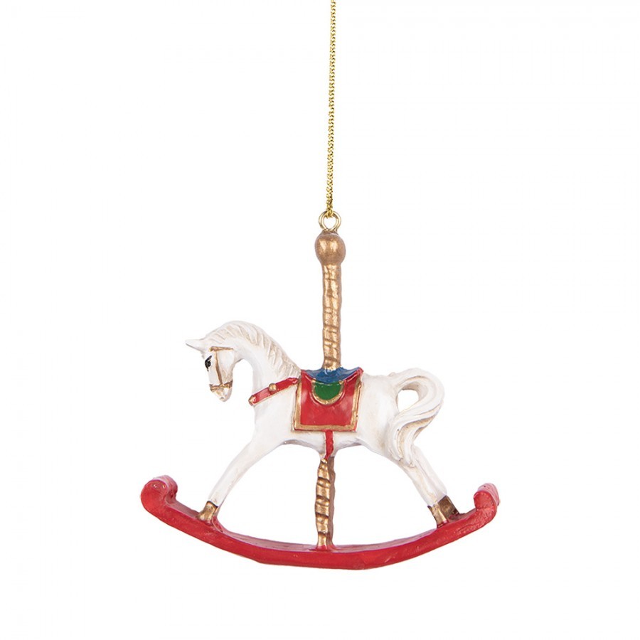 Bílo-červená závěsná dekorace houpací koník - 8*2*7 cm