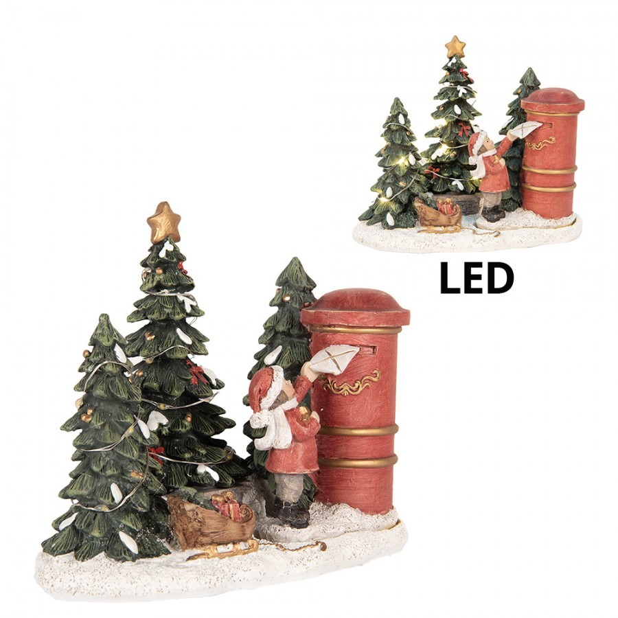 Vánoční dekorace děvčátko s dopisem u stromků s Led světýlky - 16*12*14 cm