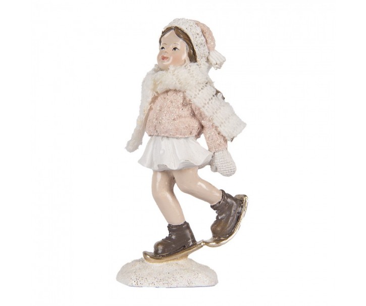 Růžová dekorace figurka děvčátko na lyžičkách - 4*3*10 cm Clayre & Eef