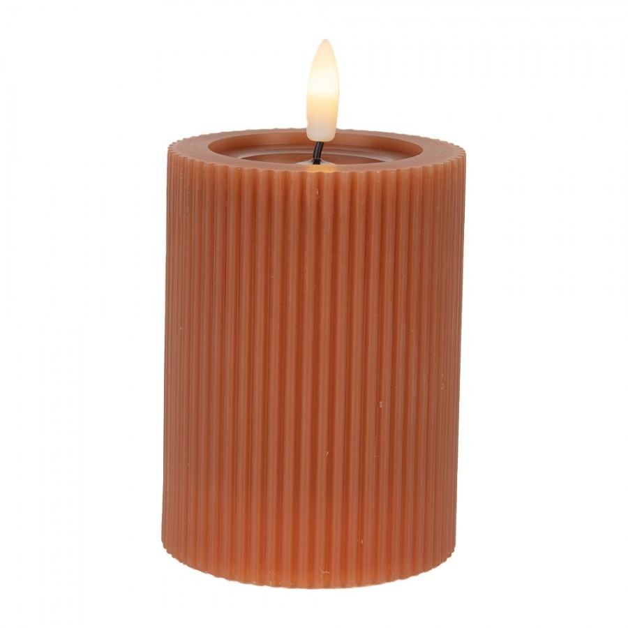 Hnědá válcová svíčka s vroubkováním Led Candle - Ø 8*13 cm / 2*AA