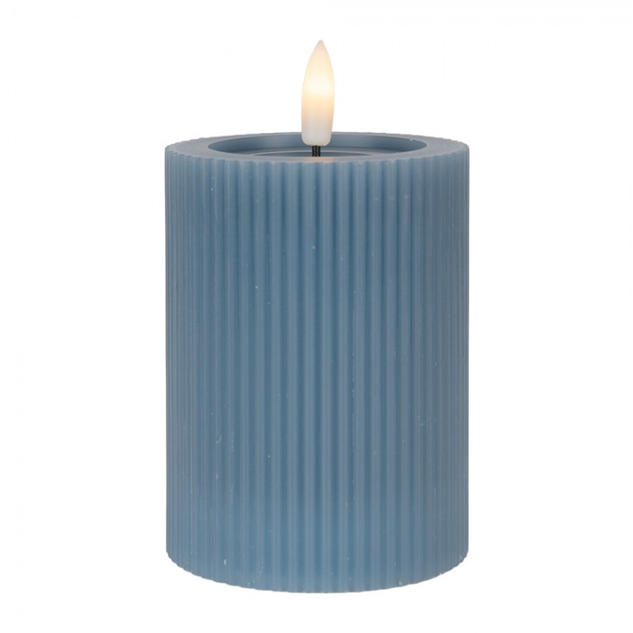 Modrá válcová svíčka s vroubkováním Led Candle - Ø 8*13 cm / 2*AA