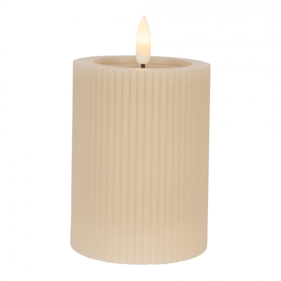 Béžová válcová svíčka s vroubkováním Led Candle - Ø 8*13 cm / 2*AA