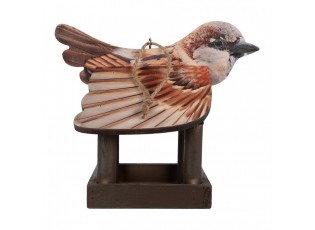 Hnědé dřevěné závěsné krmítko pro ptáčky s dekorem vrabčáka - 17*25*21 cm