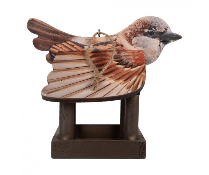 Hnědé dřevěné závěsné krmítko pro ptáčky s dekorem vrabčáka - 17*25*21 cm Clayre & Eef