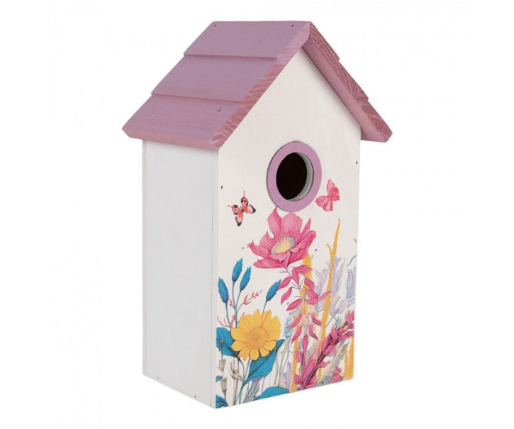Bílo-fialová dřevěná ptačí budka s květy Birdhouse - 15*10*22 cm Clayre & Eef