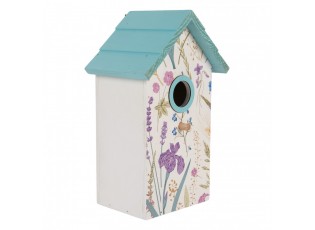 Bílo-modrá dřevěná ptačí budka s květy Birdhouse - 15*10*22 cm