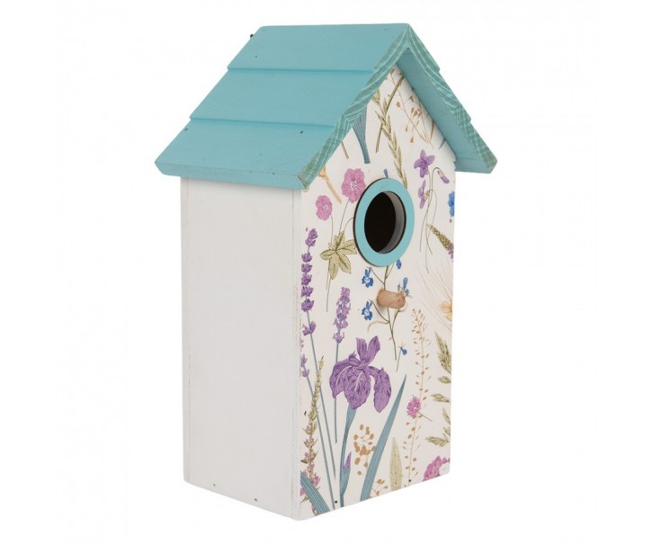 Bílo-modrá dřevěná ptačí budka s květy Birdhouse - 15*10*22 cm Clayre & Eef