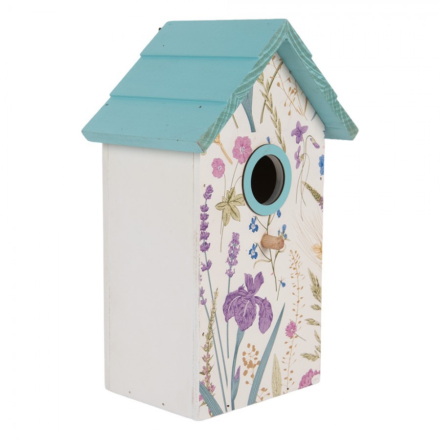 Bílo-modrá dřevěná ptačí budka s květy Birdhouse - 15*10*22 cm