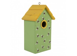 Zeleno-žlutá dřevěná ptačí budka se včelkami Birdhouse - 15*10*22 cm
