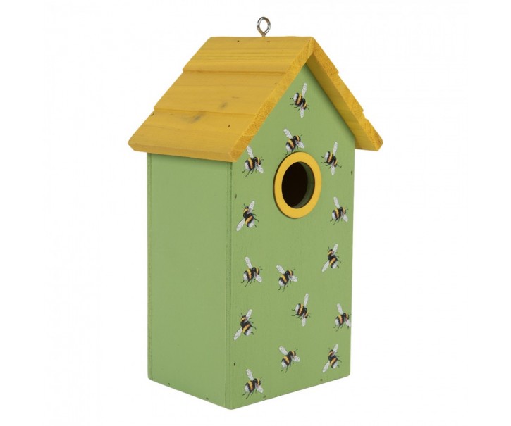 Zeleno-žlutá dřevěná ptačí budka se včelkami Birdhouse - 15*10*22 cm Clayre & Eef