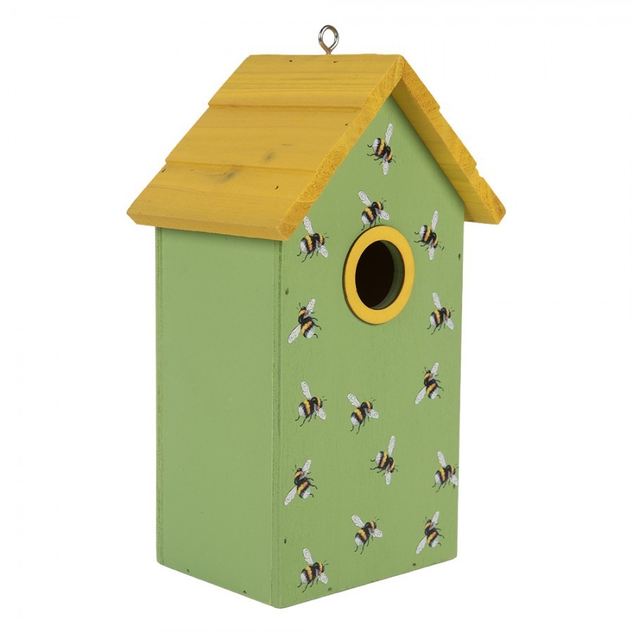 Zeleno-žlutá dřevěná ptačí budka se včelkami Birdhouse - 15*10*22 cm