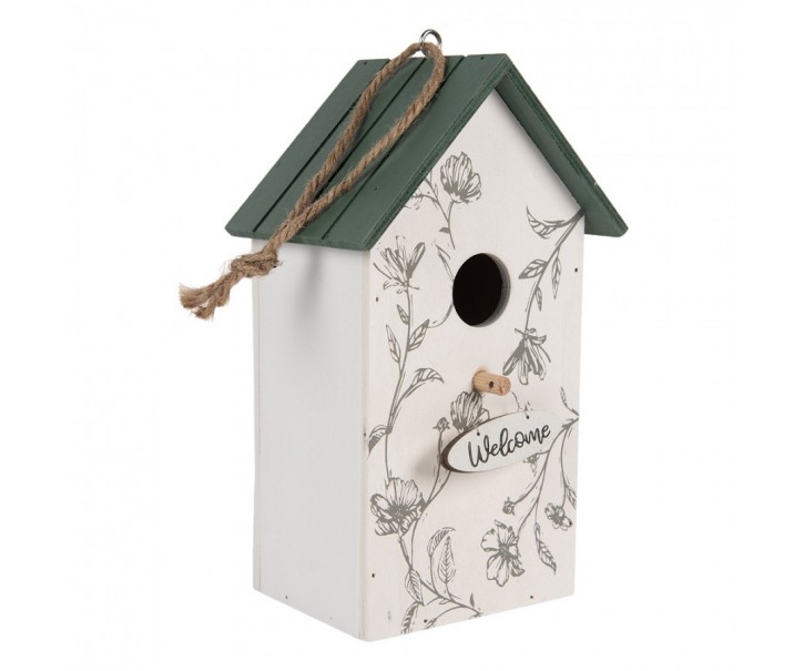Zeleno-bílá dřevěná ptačí budka s květy Birdhouse - 15*10*22 cm Clayre & Eef