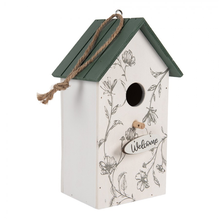 Zeleno-bílá dřevěná ptačí budka s květy Birdhouse - 15*10*22 cm