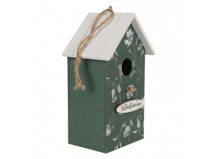Bílo-zelená dřevěná ptačí budka s květy Birdhouse - 15*10*22 cm