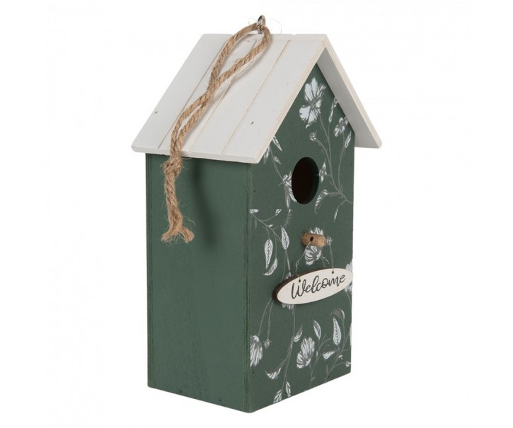 Bílo-zelená dřevěná ptačí budka s květy Birdhouse - 15*10*22 cm Clayre & Eef