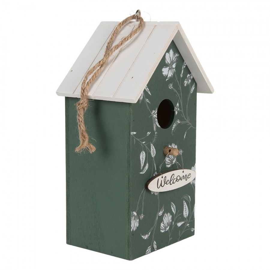 Bílo-zelená dřevěná ptačí budka s květy Birdhouse - 15*10*22 cm