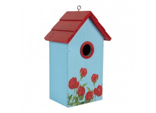 Červeno-modrá dřevěná ptačí budka s růžemi Birdhouse - 15*10*22 cm