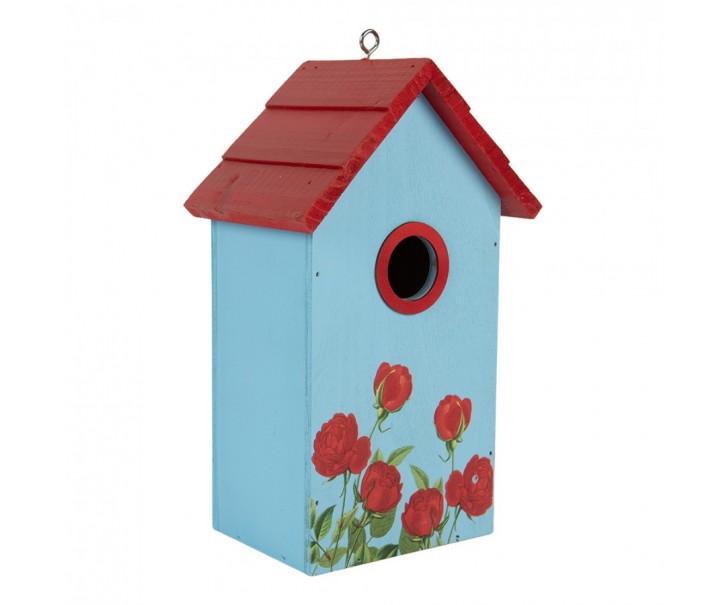 Červeno-modrá dřevěná ptačí budka s růžemi Birdhouse - 15*10*22 cm Clayre & Eef