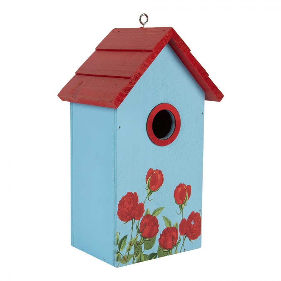 Červeno-modrá dřevěná ptačí budka s růžemi Birdhouse - 15*10*22 cm
