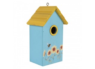 Modro-žlutá dřevěná ptačí budka se slunečnicemi Birdhouse - 15*10*22 cm