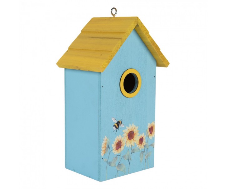 Modro-žlutá dřevěná ptačí budka se slunečnicemi Birdhouse - 15*10*22 cm Clayre & Eef