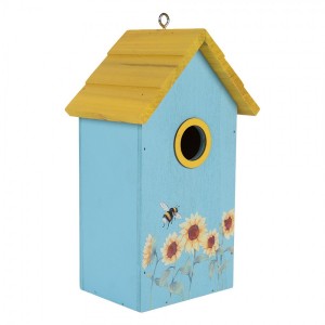 Modro-žlutá dřevěná ptačí budka se slunečnicemi Birdhouse - 15*10*22 cm