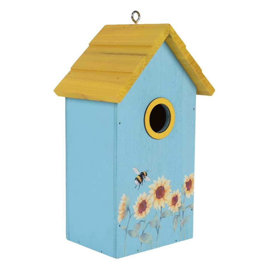 Modro-žlutá dřevěná ptačí budka se slunečnicemi Birdhouse - 15*10*22 cm