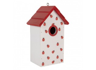 Bílo-červená dřevěná ptačí budka s beruškami Birdhouse - 15*10*22 cm