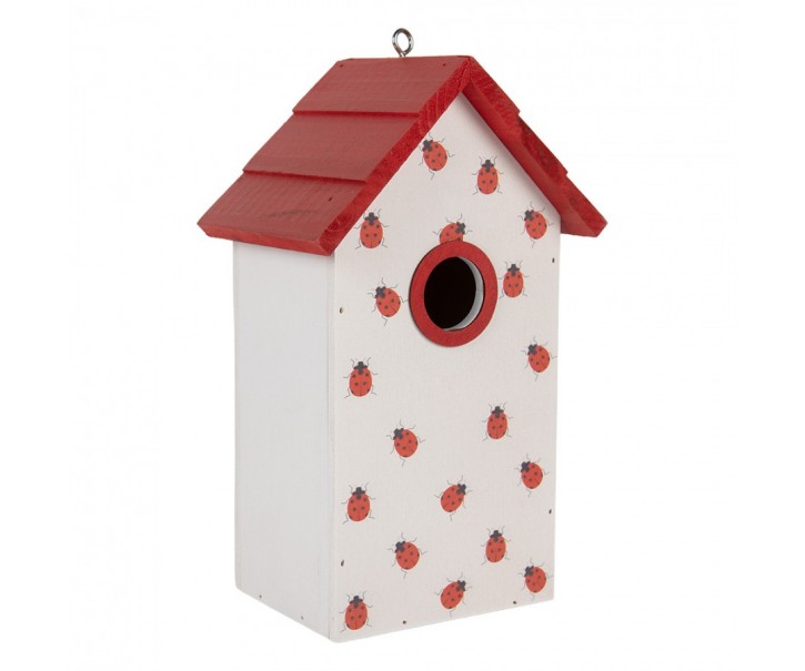 Bílo-červená dřevěná ptačí budka s beruškami Birdhouse - 15*10*22 cm Clayre & Eef