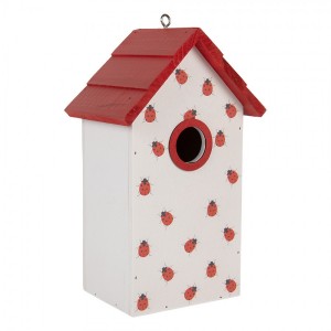 Bílo-červená dřevěná ptačí budka s beruškami Birdhouse - 15*10*22 cm