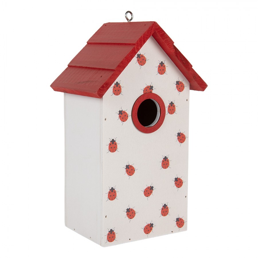 Bílo-červená dřevěná ptačí budka s beruškami Birdhouse - 15*10*22 cm