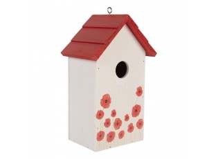 Bílo-červená dřevěná ptačí budka s vlčími máky Birdhouse - 15*10*22 cm