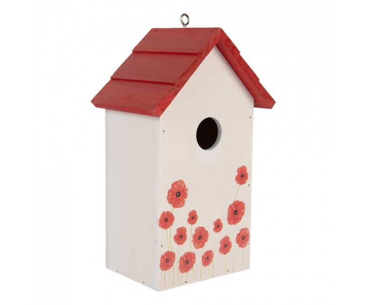 Bílo-červená dřevěná ptačí budka s vlčími máky Birdhouse - 15*10*22 cm Clayre & Eef