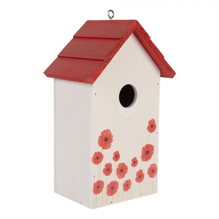 Bílo-červená dřevěná ptačí budka s vlčími máky Birdhouse - 15*10*22 cm