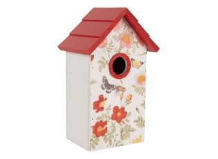 Bílo-červená dekorační ptačí budka s květy Birdhouse - 15*10*22 cm