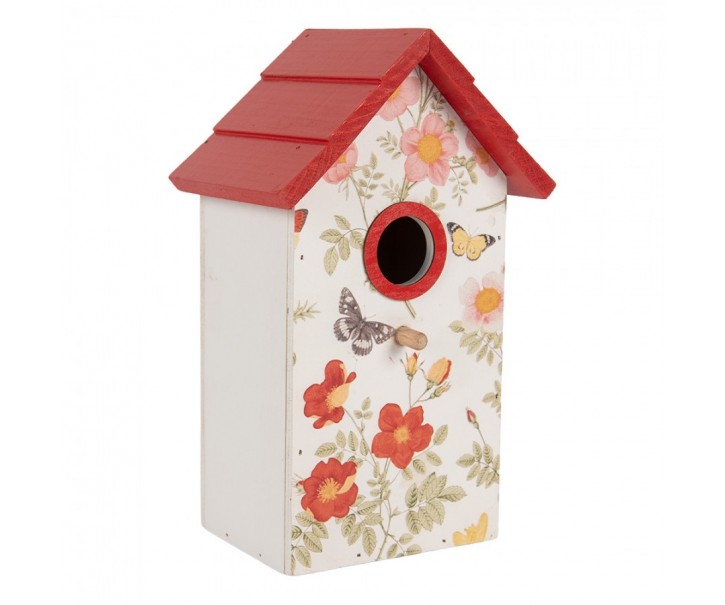 Bílo-červená dekorační ptačí budka s květy Birdhouse - 15*10*22 cm Clayre & Eef